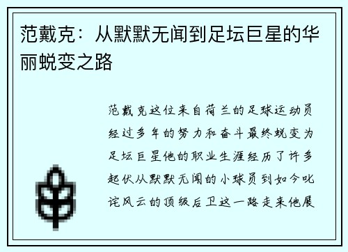 范戴克：从默默无闻到足坛巨星的华丽蜕变之路